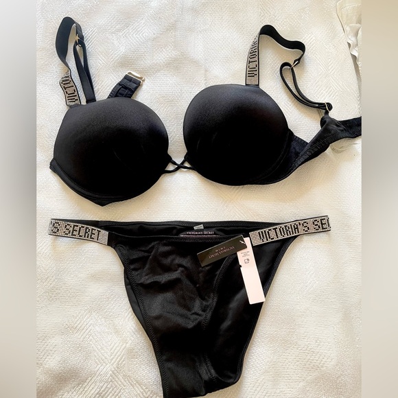 NWT Victoria’s Secret Very Sexy Black Push-Up Shine Strap Bra & Bikini Set 36C/M - Picture 7 of 8